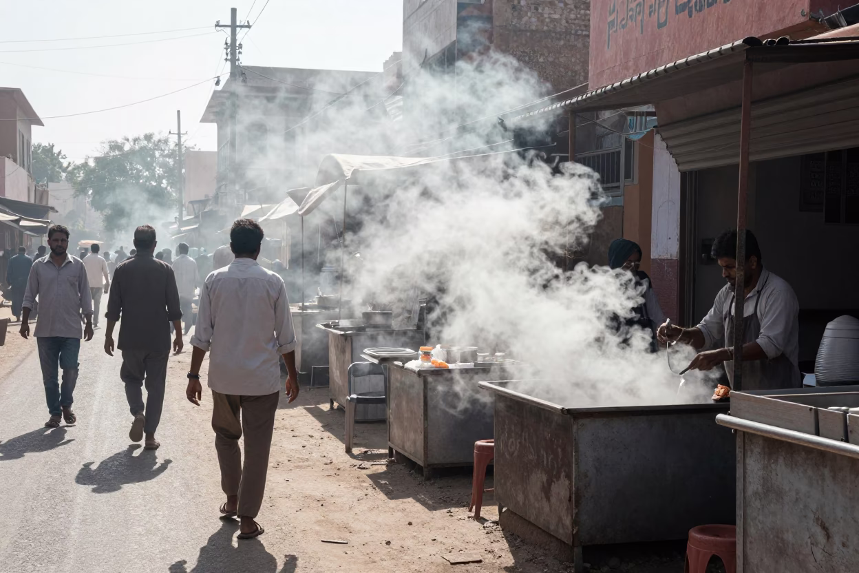 Midday Jaipur Street Scene with Steam Haze and Twine Fibers on Stool Leg in in Jaipur, India