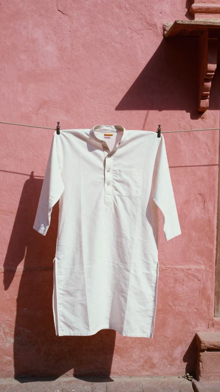 Midday Jaipur Street Scene with Sunlight on Fabric and Dusty Architectural Details in in Jaipur, India