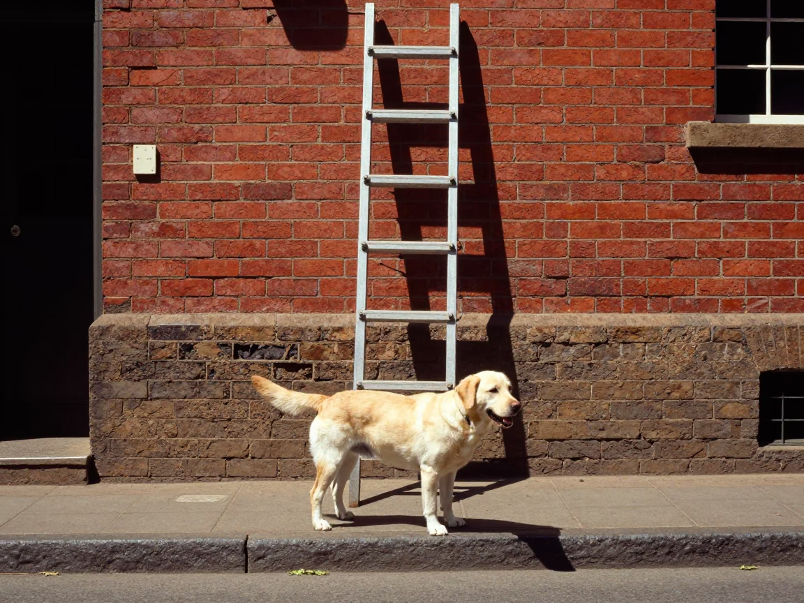 Midday Johannesburg Street Scene with Labrador Retriever and Ladder-Back Chair Outside Brick Building in in Johannesburg, South Africa