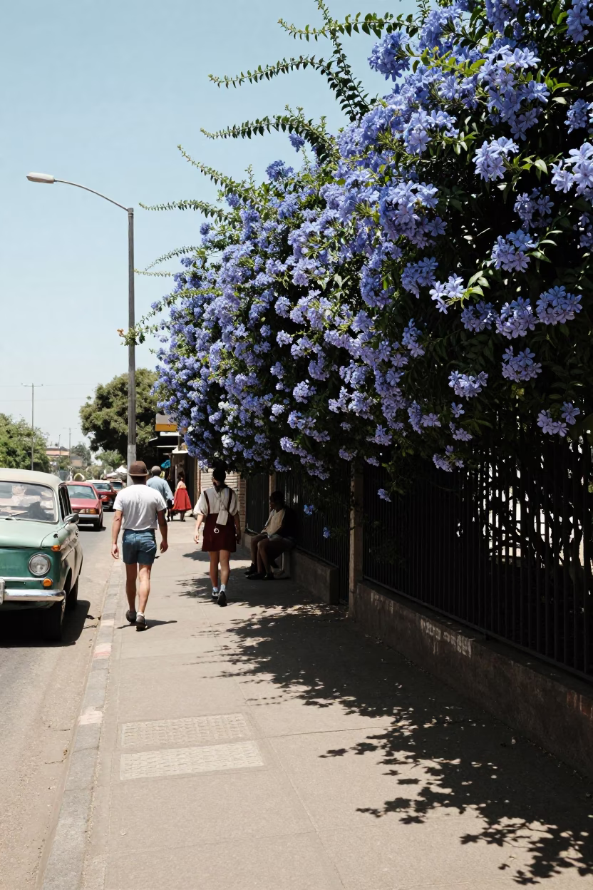 Midday Johannesburg Street Scene with Plumbago Hedge and Vintage 1970s Urban Life in in Johannesburg, South Africa
