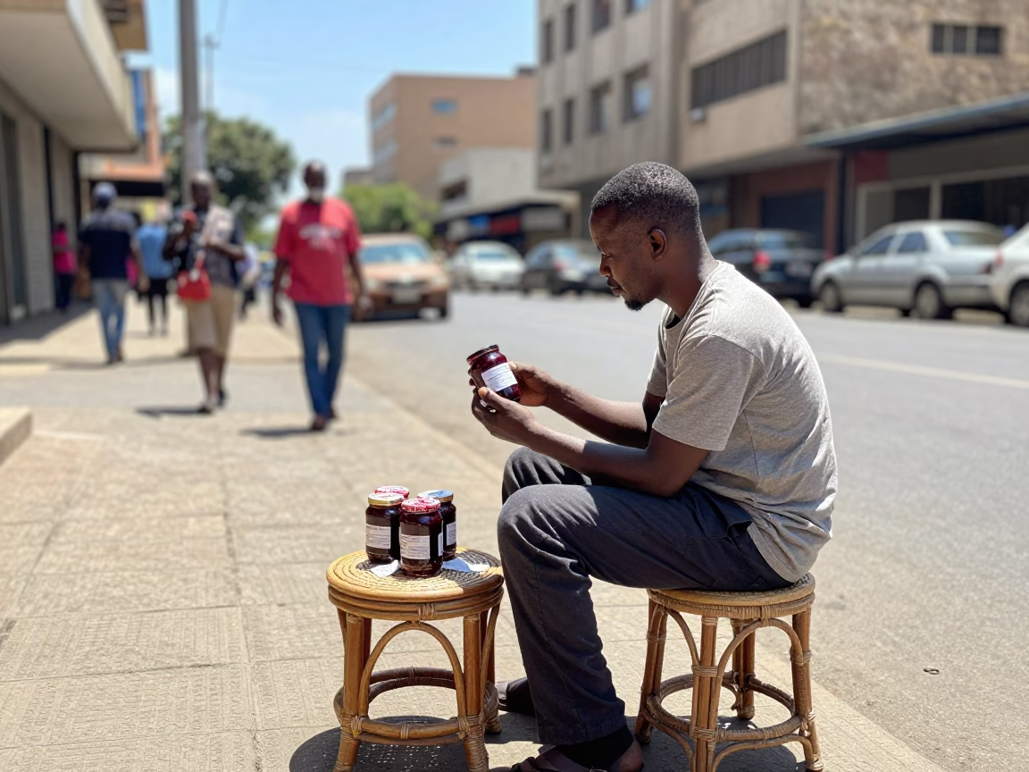 Midday Johannesburg Street Scene with Rattan Stool and Jam Jar on Busy Corner in in Johannesburg, South Africa