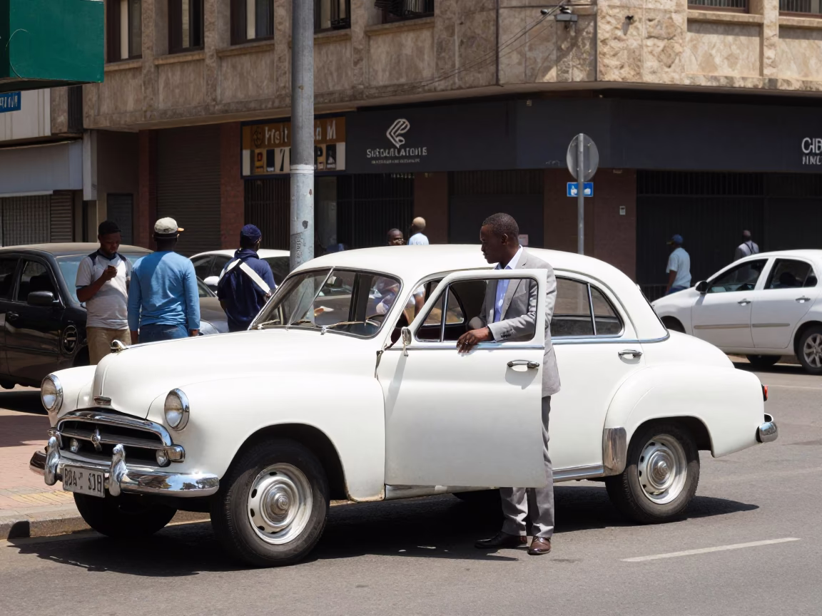 Midday Johannesburg Street Scene with Vintage Car and Urban Architecture in in Johannesburg, South Africa