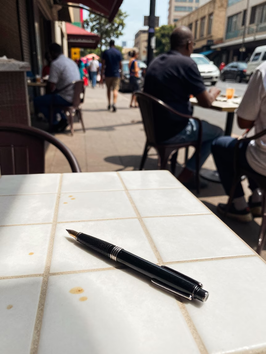 Midday Johannesburg Street Scene with Vintage Fountain Pen and Tea Stained Tile Table in in Johannesburg, South Africa