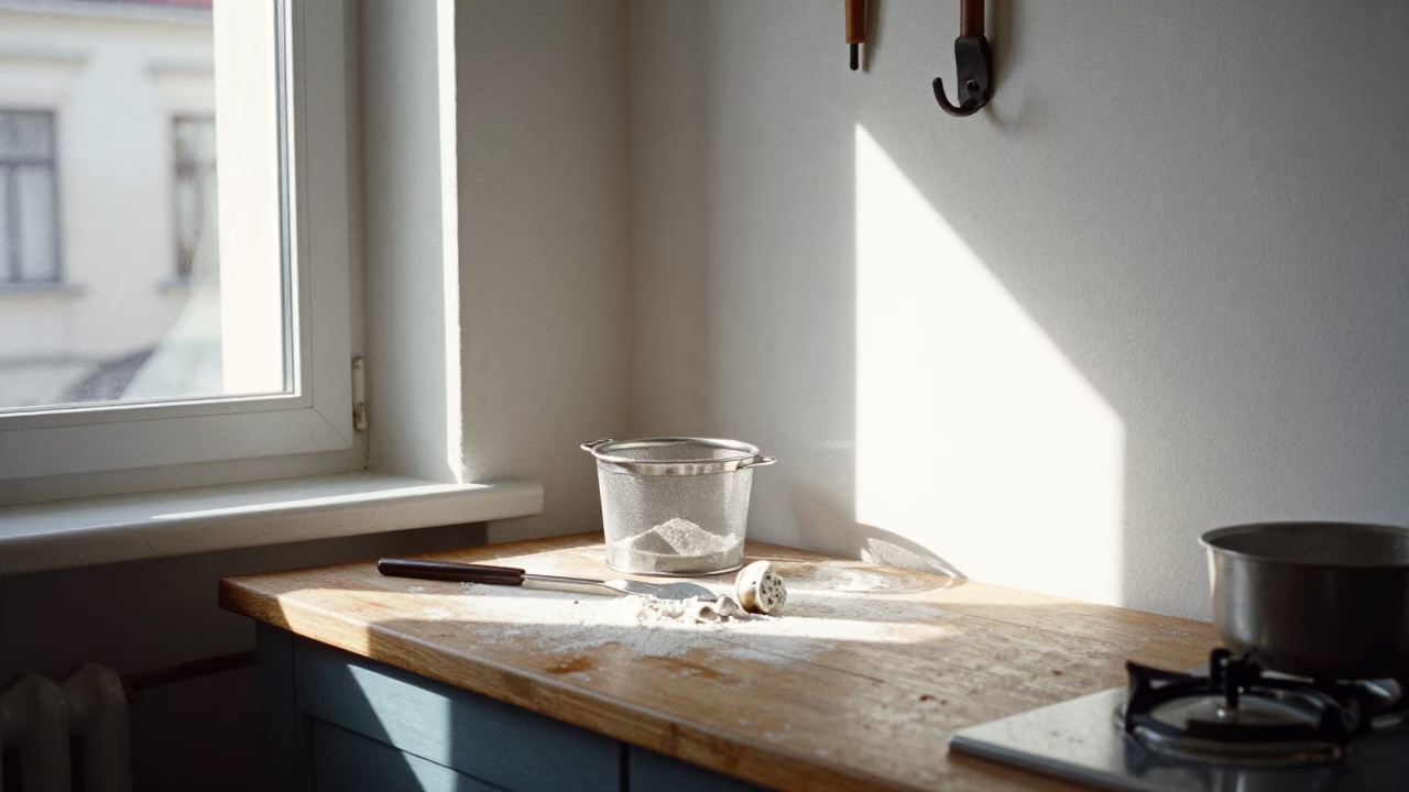 Midday Kitchen Scene in Budapest Apartment with Flour Sifter and Iron Hook in in Budapest, Hungary