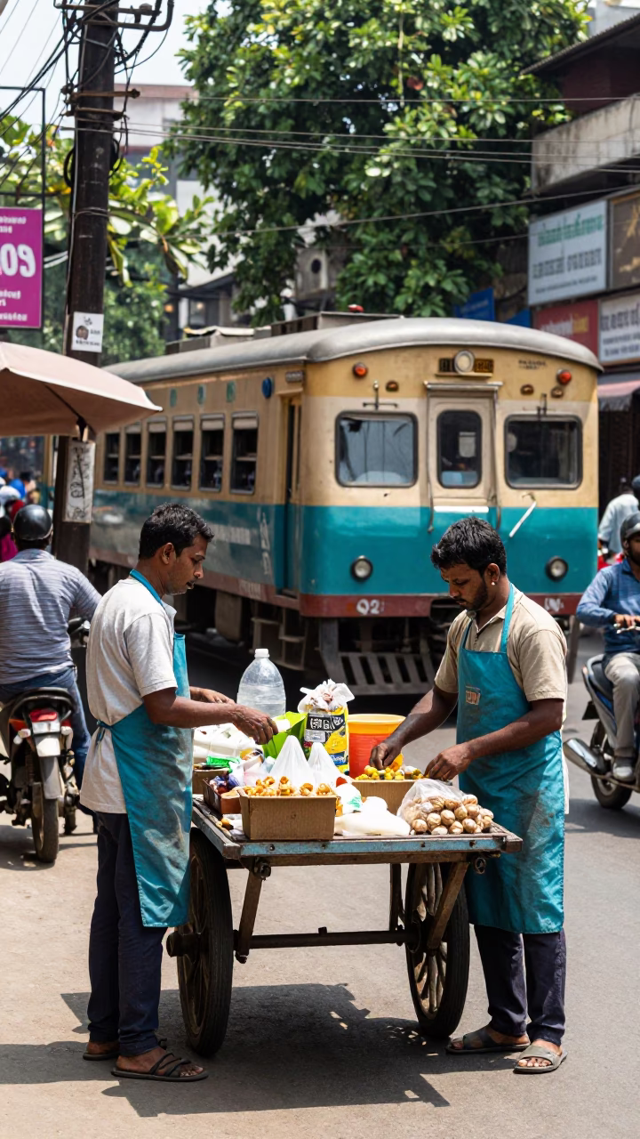 Midday Kolkata Street Scene with Aprons and Train in Background in in Kolkata, India