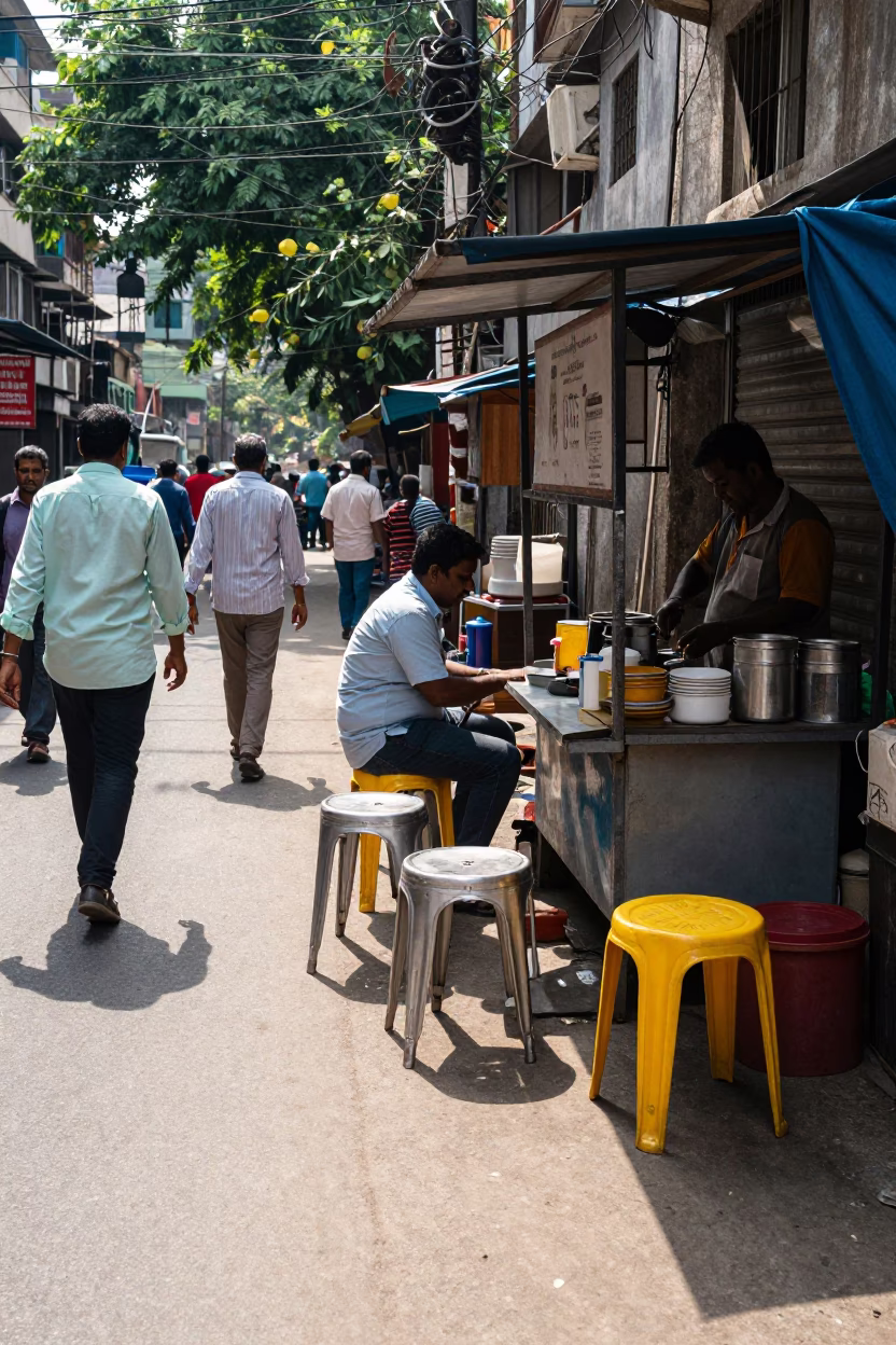 Midday Kolkata Street Scene with Metal Stools and Local Life in in Kolkata, India