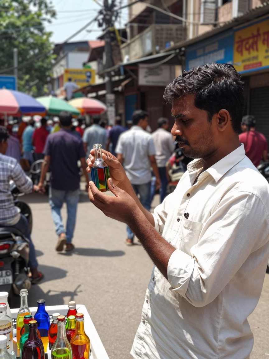 Midday Kolkata Street Scene with Vendor and Colored Glass Bottle in in Kolkata, India