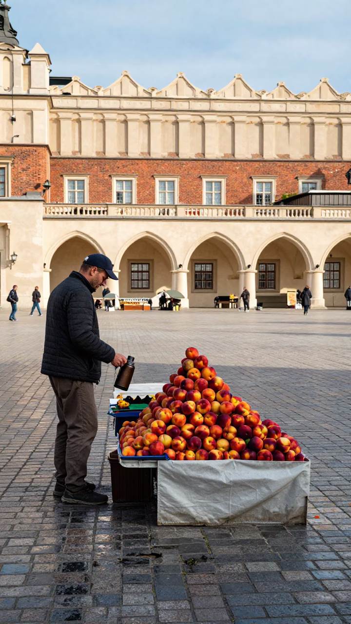 Midday Krakow Market Scene with Nectarines and Vintage Thermos in in Krakow, Poland