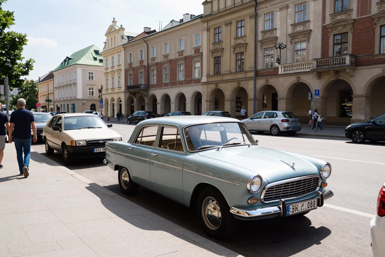 Midday Krakow Street Scene with Vintage Car and Hotel Reflections in in Krakow, Poland