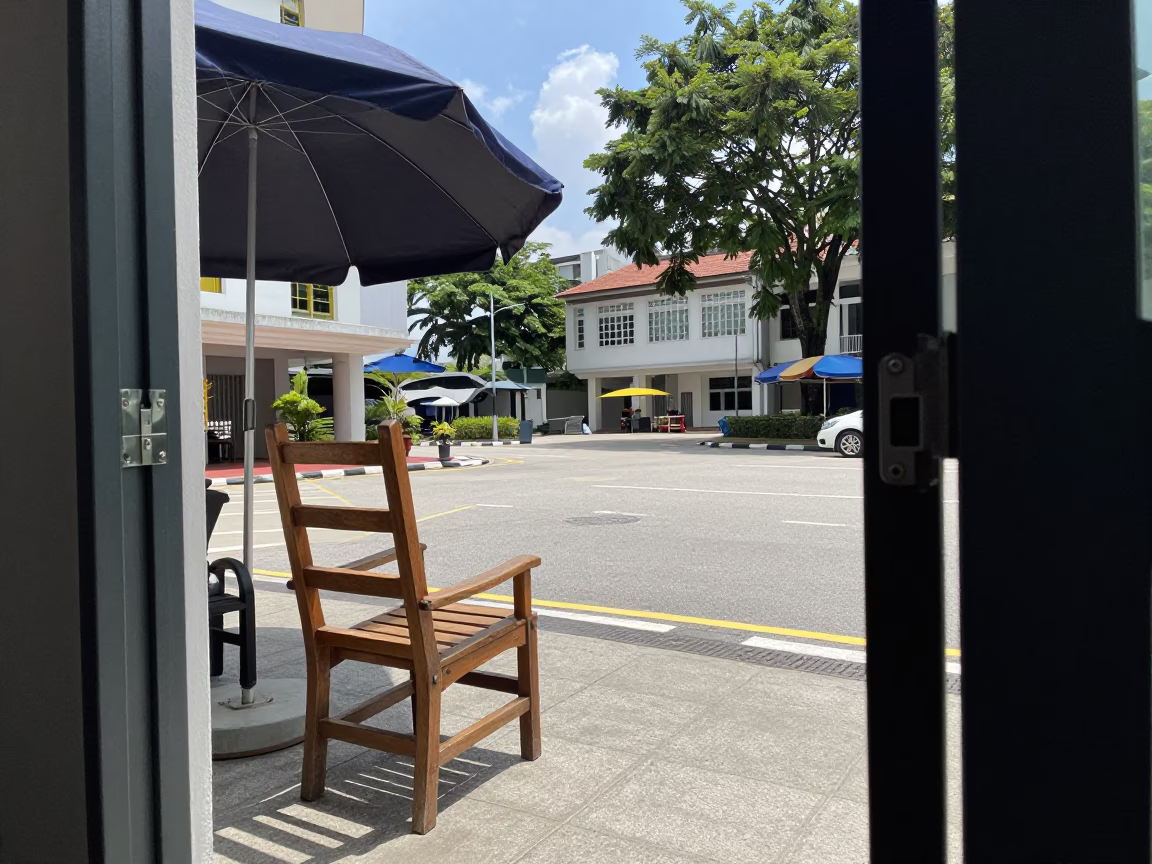 Midday Kuala Lumpur Street Scene with Umbrellas and Ladder-Back Chair in in Kuala Lumpur, Malaysia