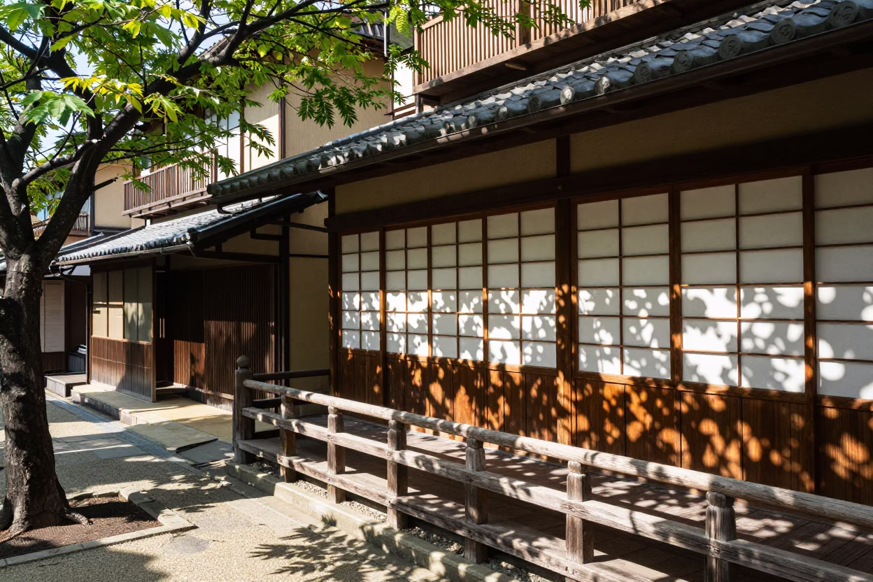 Midday Kyoto Street Scene with Leaf Shadows and Traditional Architecture in in Kyoto, Japan