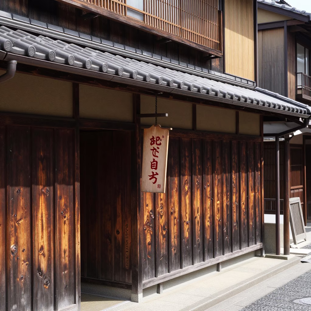 Midday Kyoto Street Scene with Traditional Wooden Architecture and Local Commerce in in Kyoto, Japan