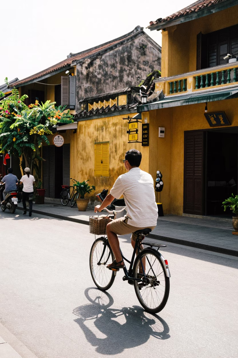 Midday Light on Cyclist Midday Street Scene in Hoi An in in Hoi An, Vietnam