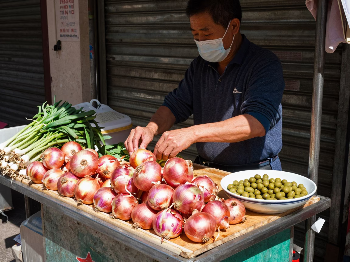 Midday Light on Fresh Onions And Olive Dishes in Hong Kong in in Hong Kong, Hong Kong