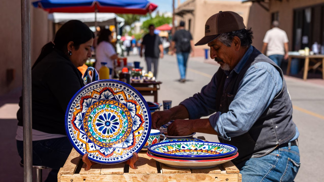 Midday Light on Market Scene in Santa Fe in in Santa Fe, New Mexico, United States