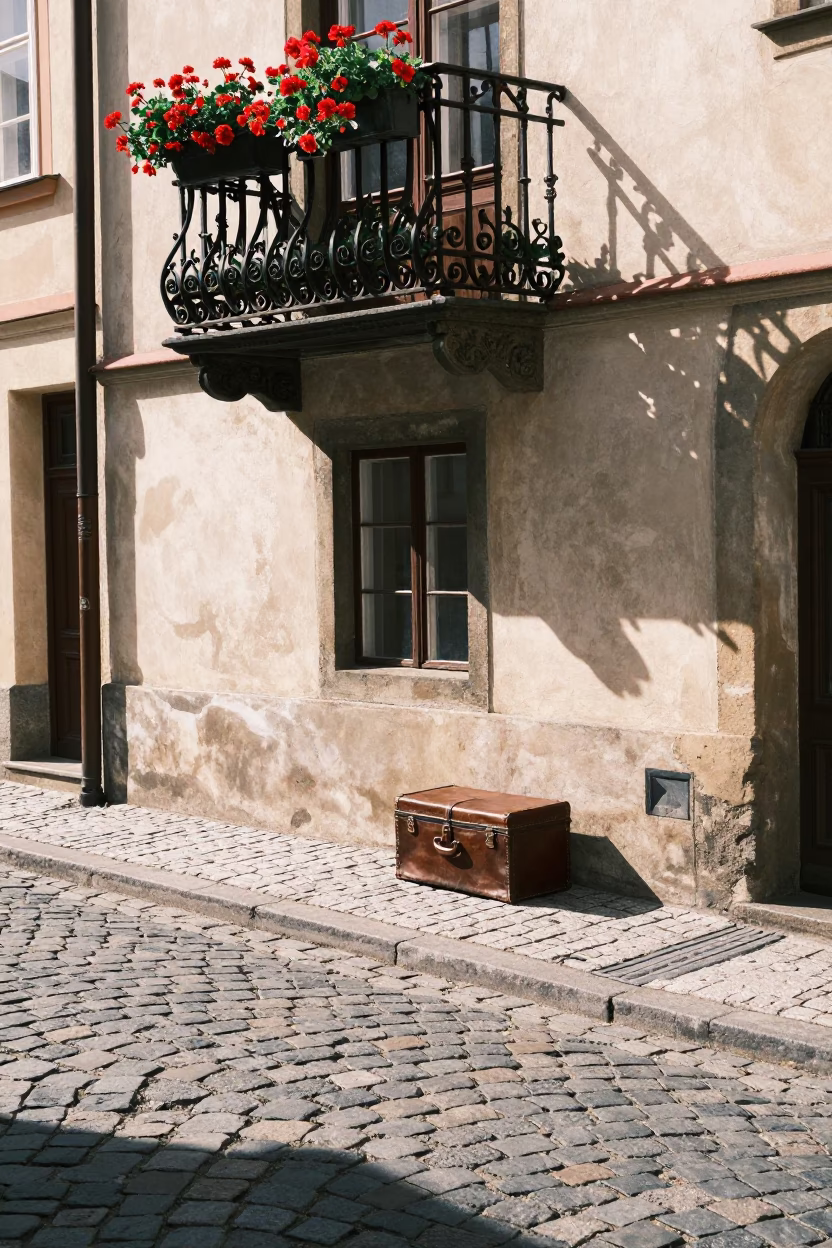 Midday Light on Prague Cobblestones with Vintage Hatbox and Dusty Bench in in Prague, Czech Republic