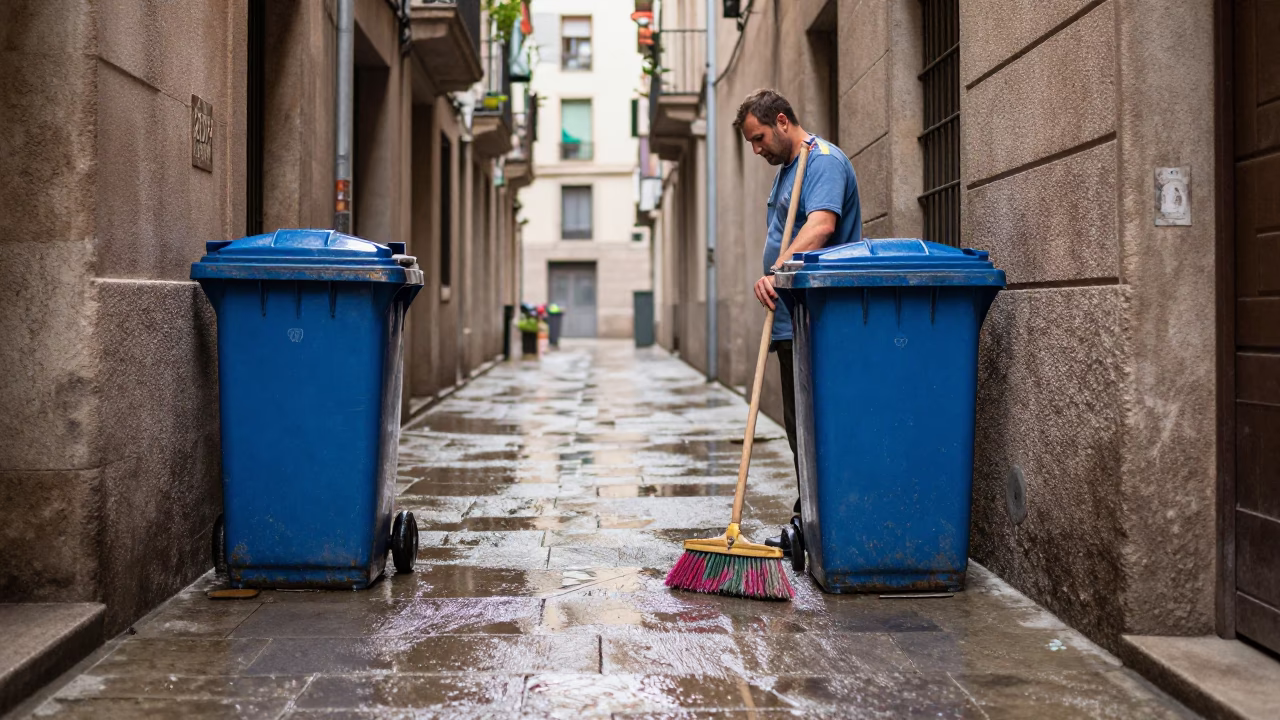 Midday Light on Worker in in Barcelona, Spain