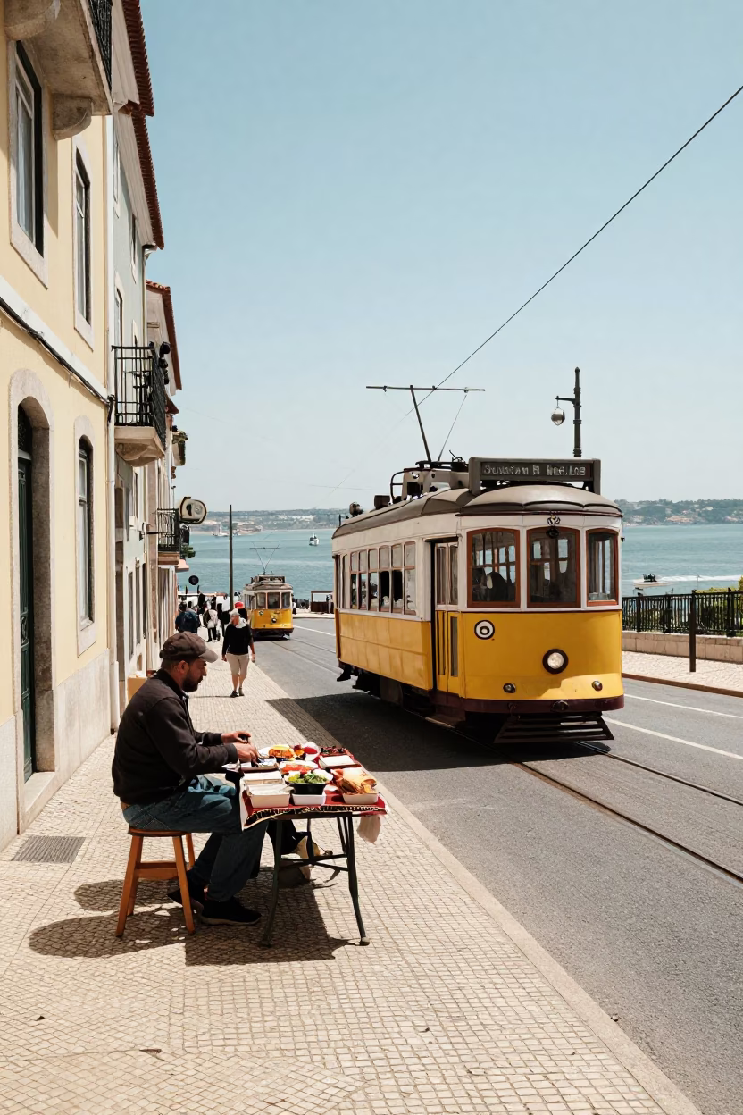 Midday Lisbon Street Scene with Cable Car and Vintage Majolica Plate in in Lisbon, Portugal