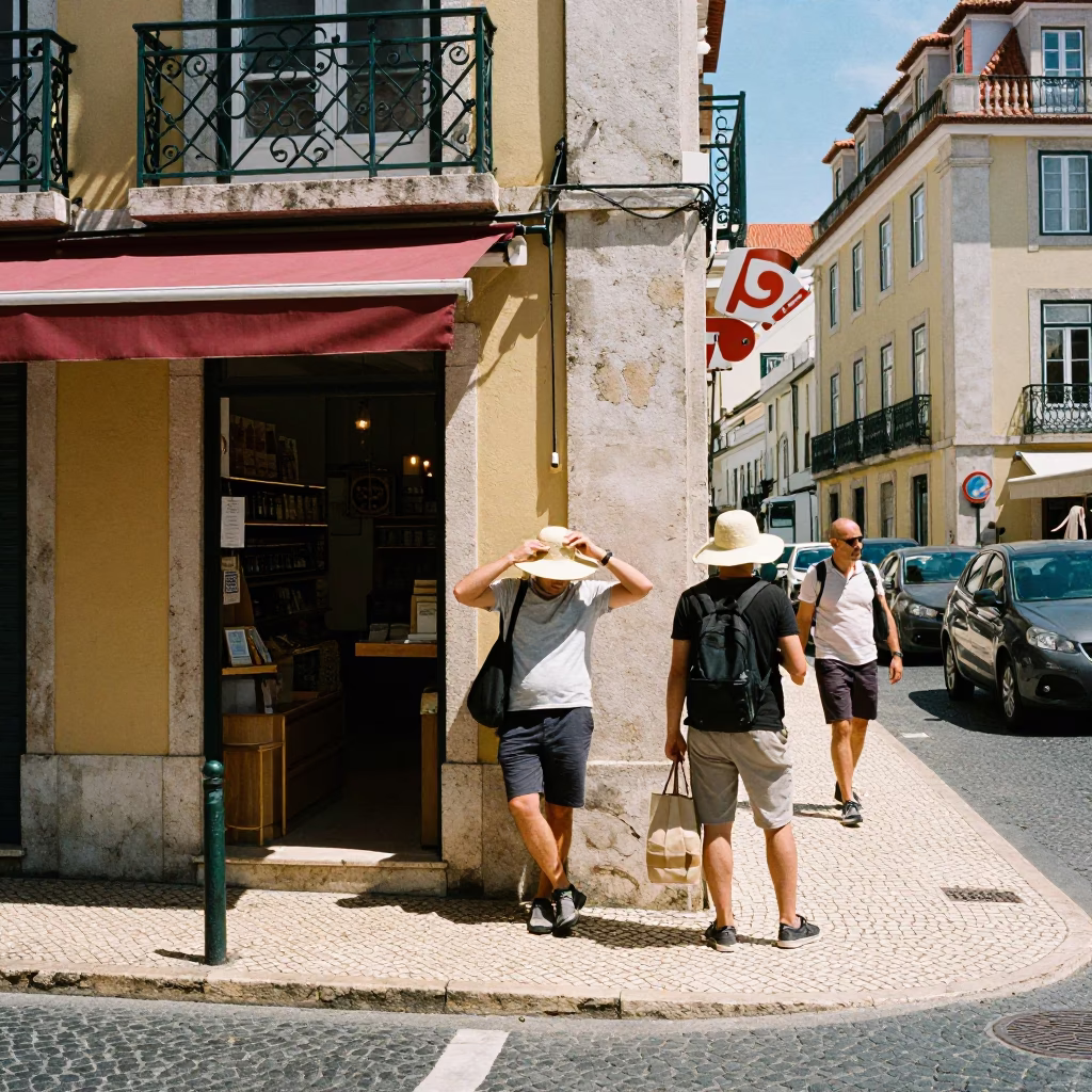 Midday Lisbon Street Scene with Sun Hats and Traditional Azulejo Tiles in in Lisbon, Portugal