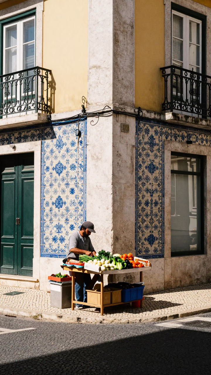 Midday Lisbon Street Scene with Traditional Azulejo Tiles and Local Market Activity in in Lisbon, Portugal