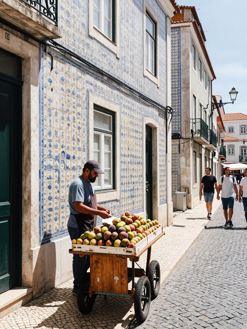 Midday Lisbon Street Scene with Traditional Tiled Facade and Local Market Vendor in in Lisbon, Portugal