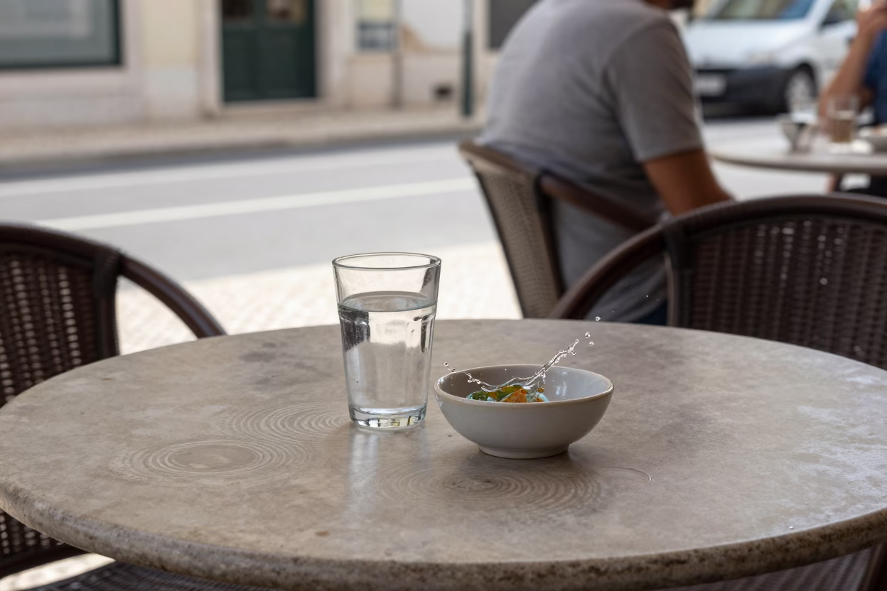 Midday Lisbon Street Scene with Water Rings on Table and Chili Peppers in in Lisbon, Portugal
