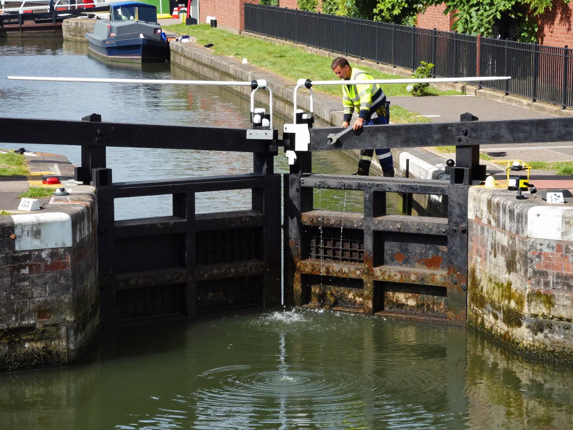 Midday Liverpool Canal Lock Maintenance with Wrench and Sluice Gate Dripping in in Liverpool, United Kingdom