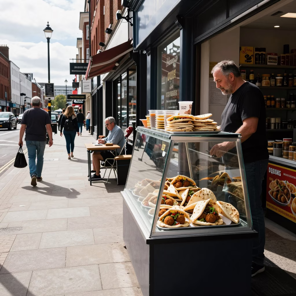 Midday Liverpool Street Scene with Local Shop Display and Pedestrian Activity in in Liverpool, United Kingdom