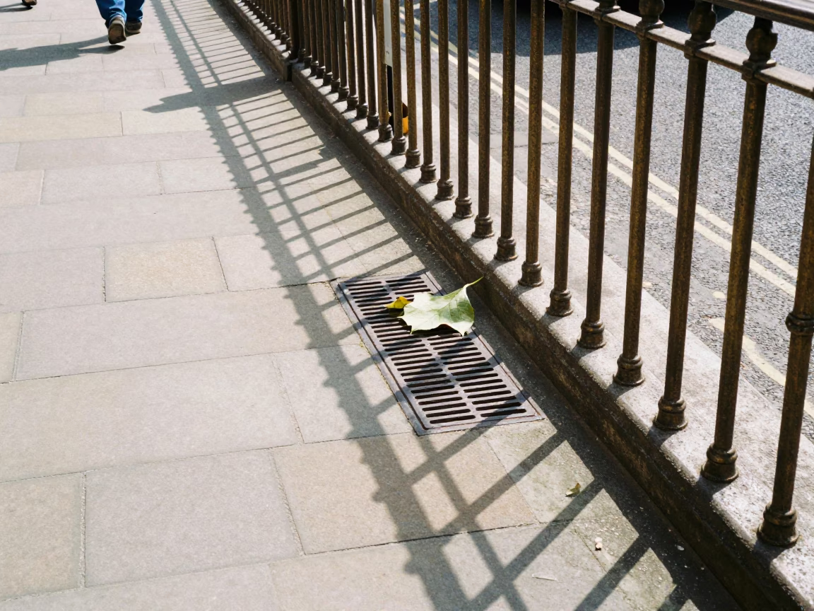 Midday London Street Scene with Brass Rail and Leaf Shadows on Drain in in London, United Kingdom