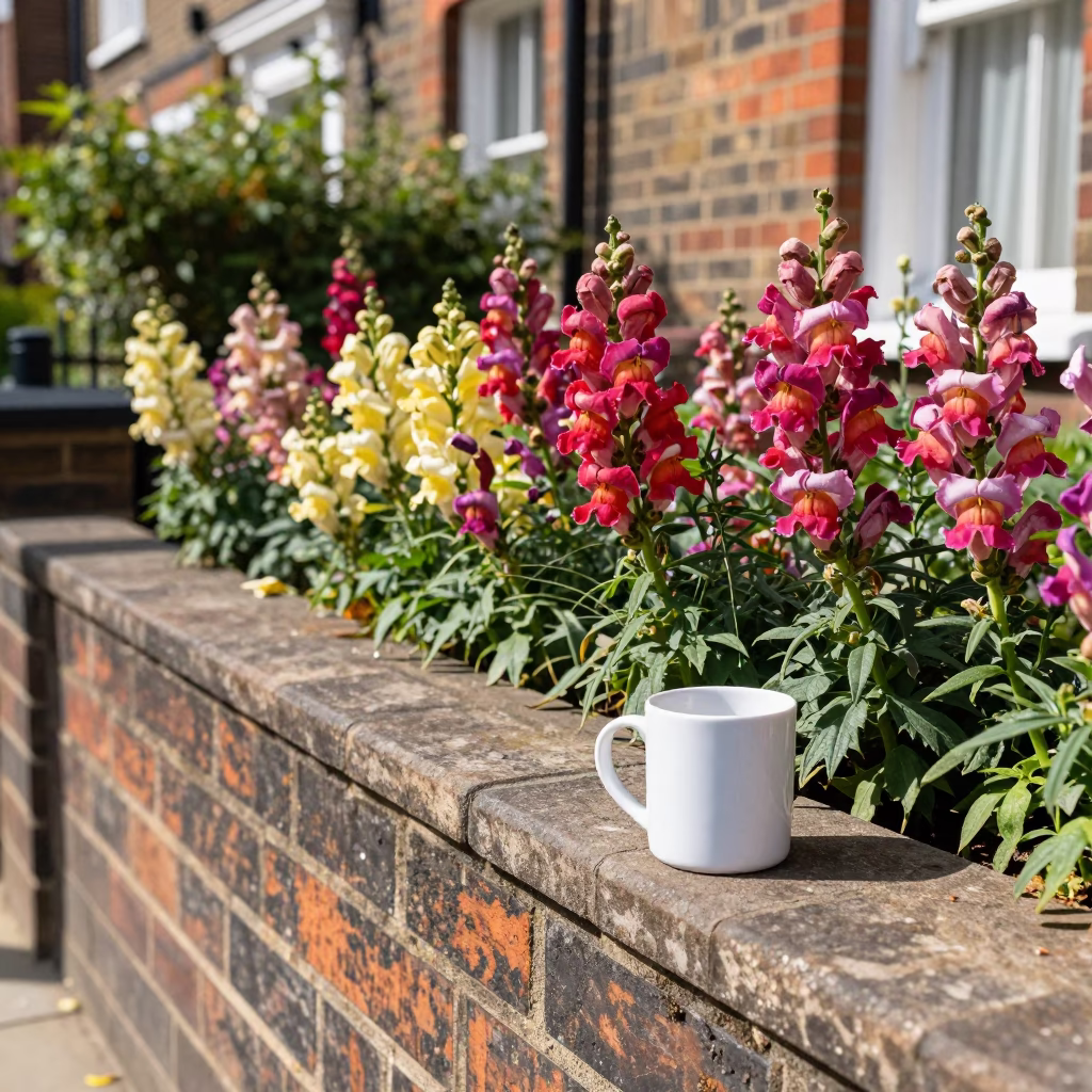 Midday London Street Scene with Snapdragons and Mug on Garden Wall in in London, United Kingdom