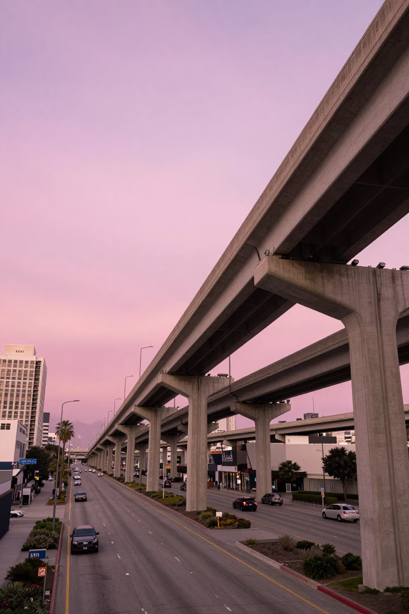 Midday Los Angeles Highway Flyover Stack Against Pink Evening Sky in in Los Angeles, California, United States