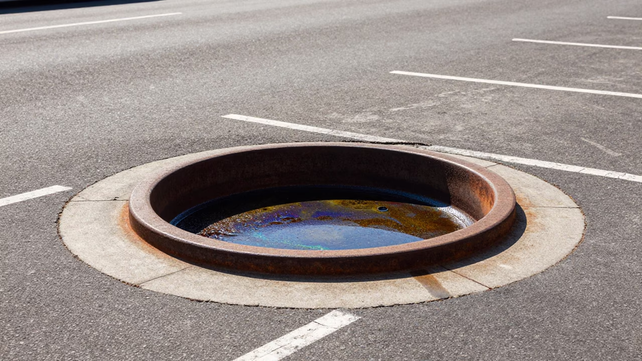 Midday Los Angeles Parking Lot Grease Sheen on Drain Basin with Tongs and Lockbox in in Los Angeles, California, United States