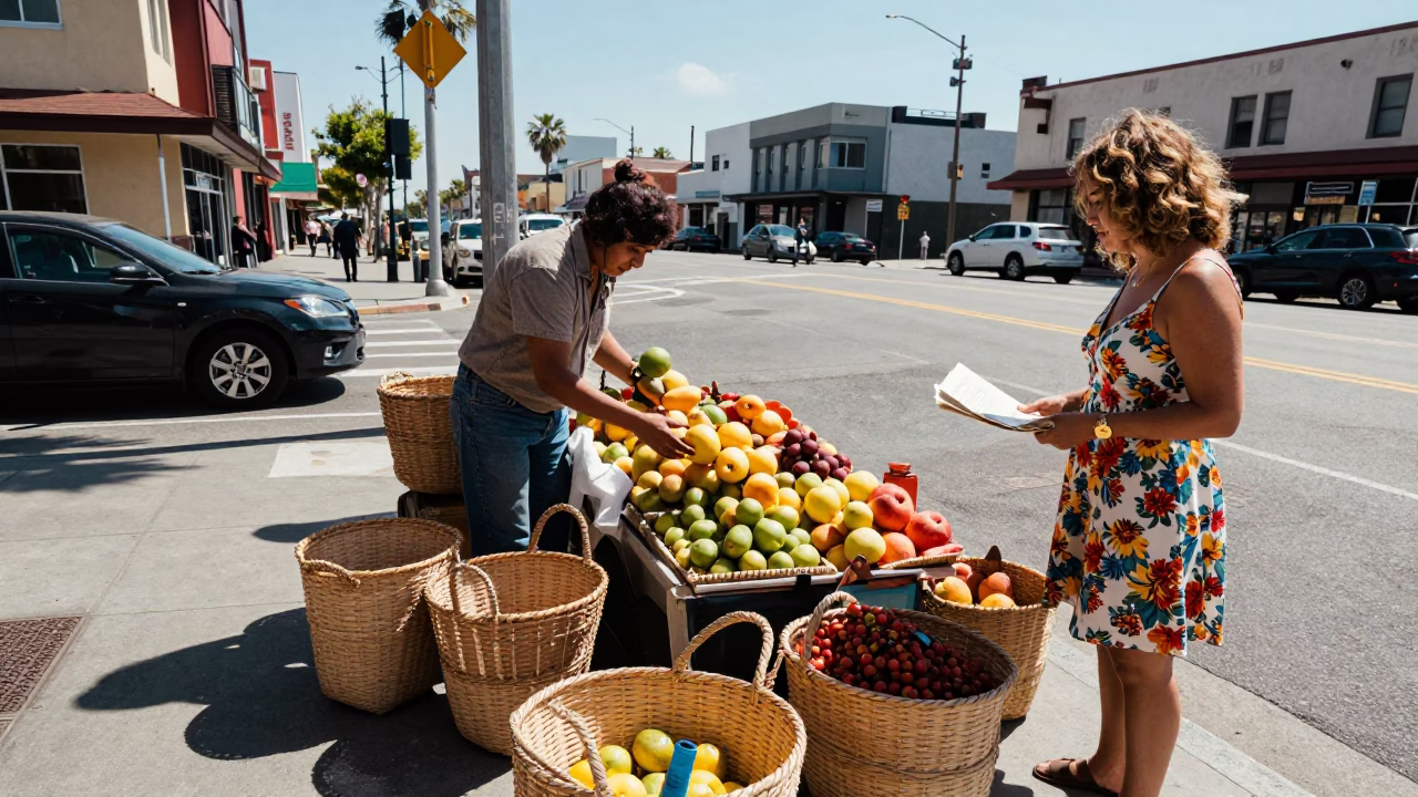 Midday Los Angeles Street Corner Scene with Woven Baskets and Blueberries in in Los Angeles, California, United States