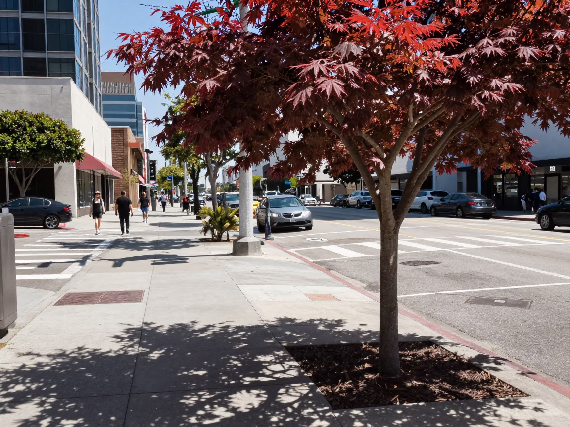 Midday Los Angeles Street Scene with Japanese Maple and Urban Shadows in in Los Angeles, California, United States