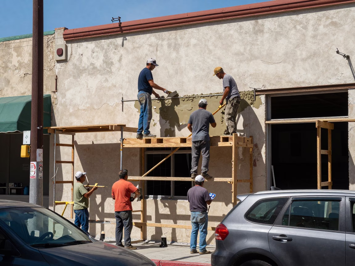 Midday Los Angeles Street Scene with Masons Working on Historic Building Facade in in Los Angeles, California, United States