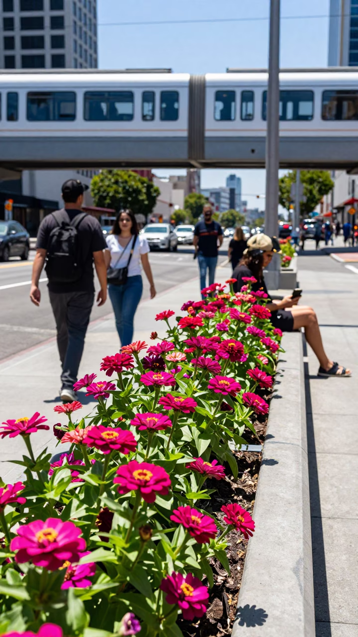 Midday Los Angeles Street Scene with Monorail Overhead and Vibrant Zinnias in in Los Angeles, California, United States