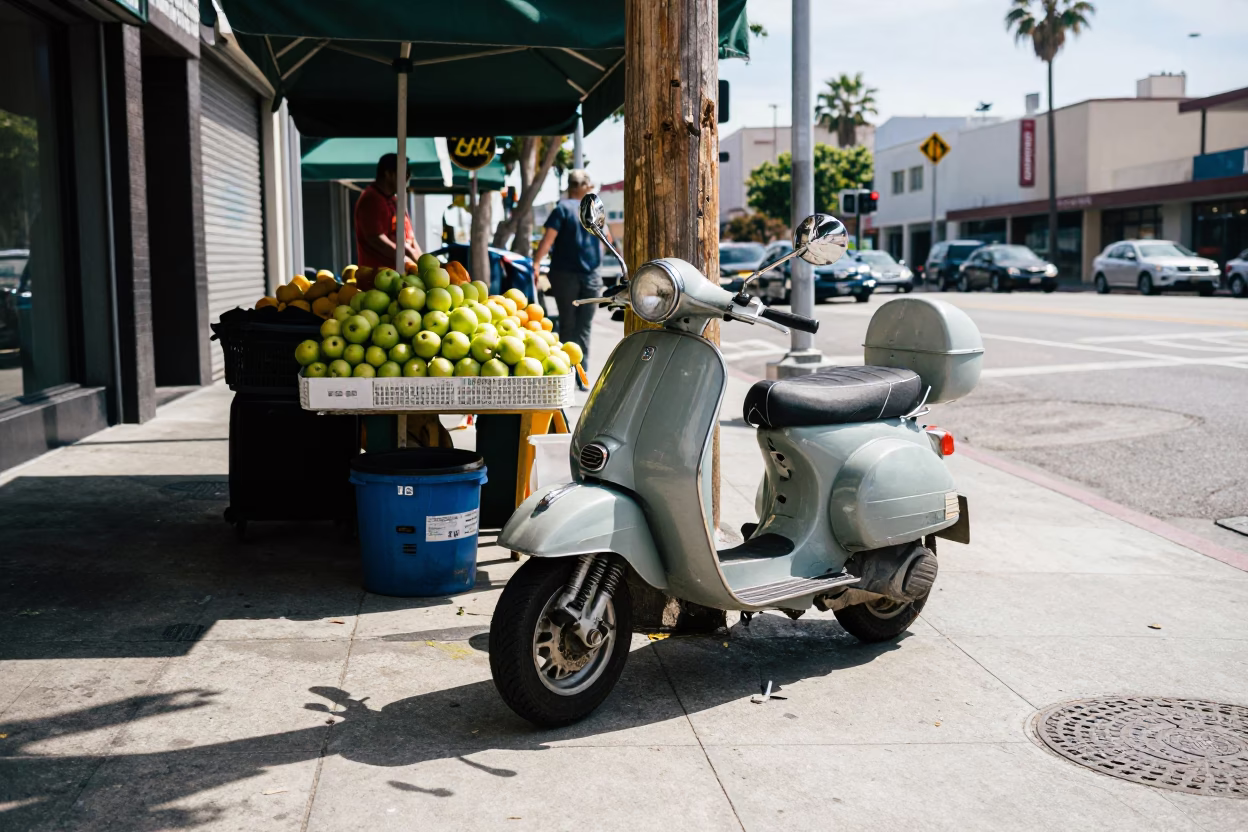 Midday Los Angeles Street Scene with Vintage Scooter and Apple Vendor in in Los Angeles, California, United States