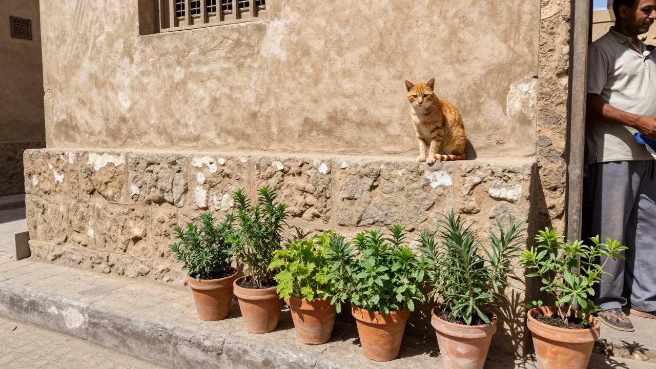 Midday Luxor Street Scene with Ginger Cat and Potted Herbs in in Luxor, Egypt