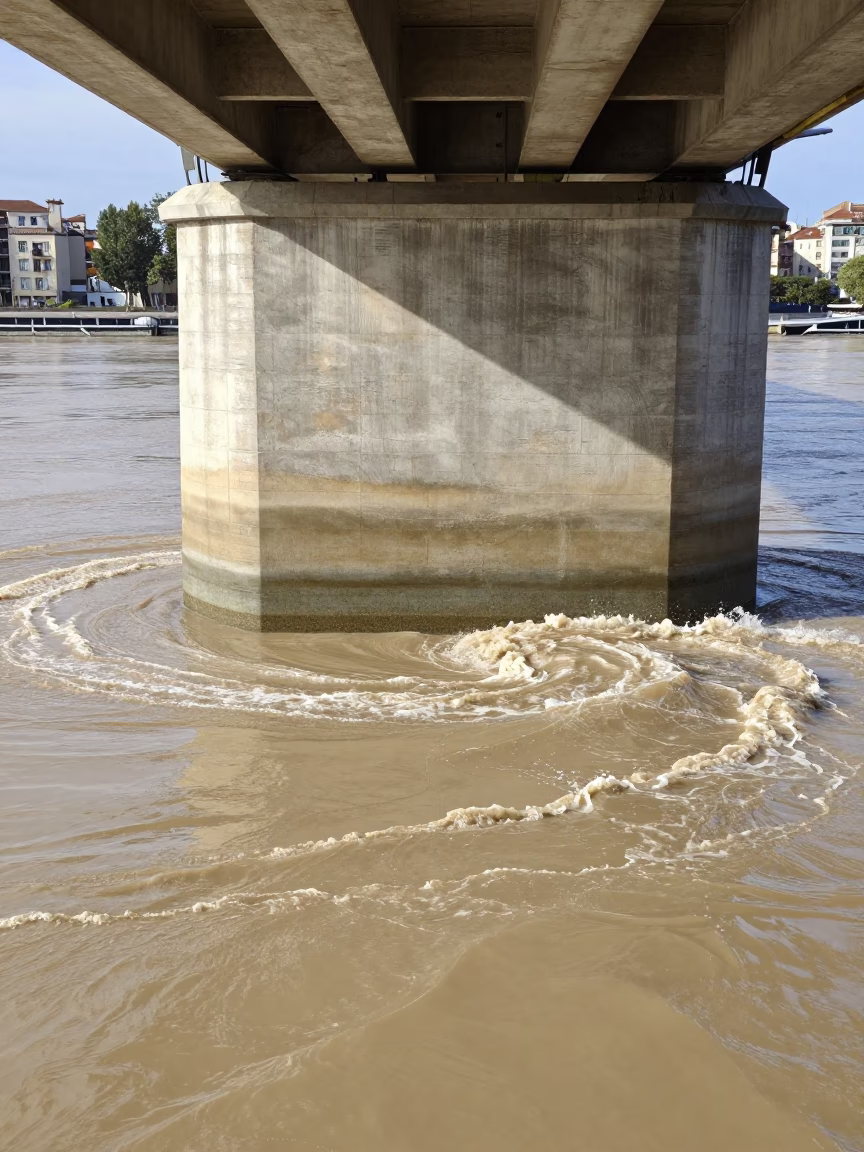 Midday Lyon Bridge Pier Base Swirling with Muddy Floodwater in 1970s France in in Lyon, France