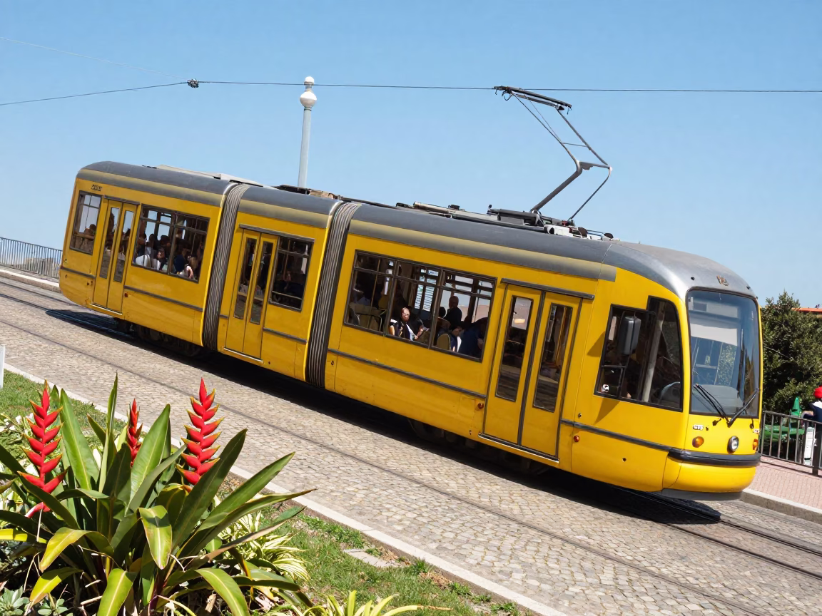 Midday Lyon Tram on Steep Hill with Heliconia and Local Street Life in in Lyon, France