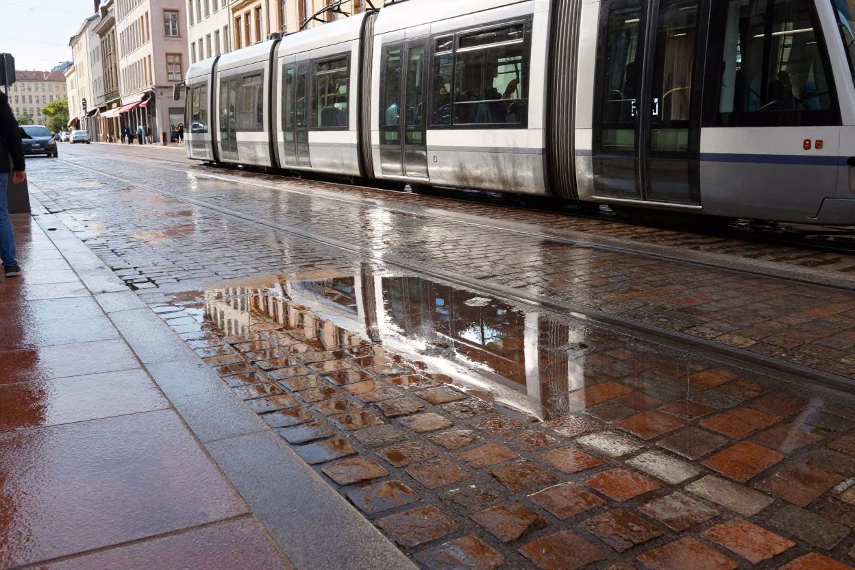 Midday Lyon Tram Reflection on Wet Cobblestones with Terracotta Pot and Rust in in Lyon, France
