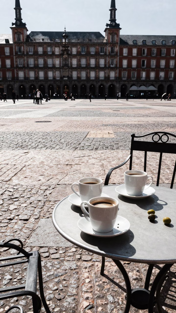 Midday Madrid Plaza Scene with Coffee Mugs and Olives on Stone Table in in Madrid, Spain