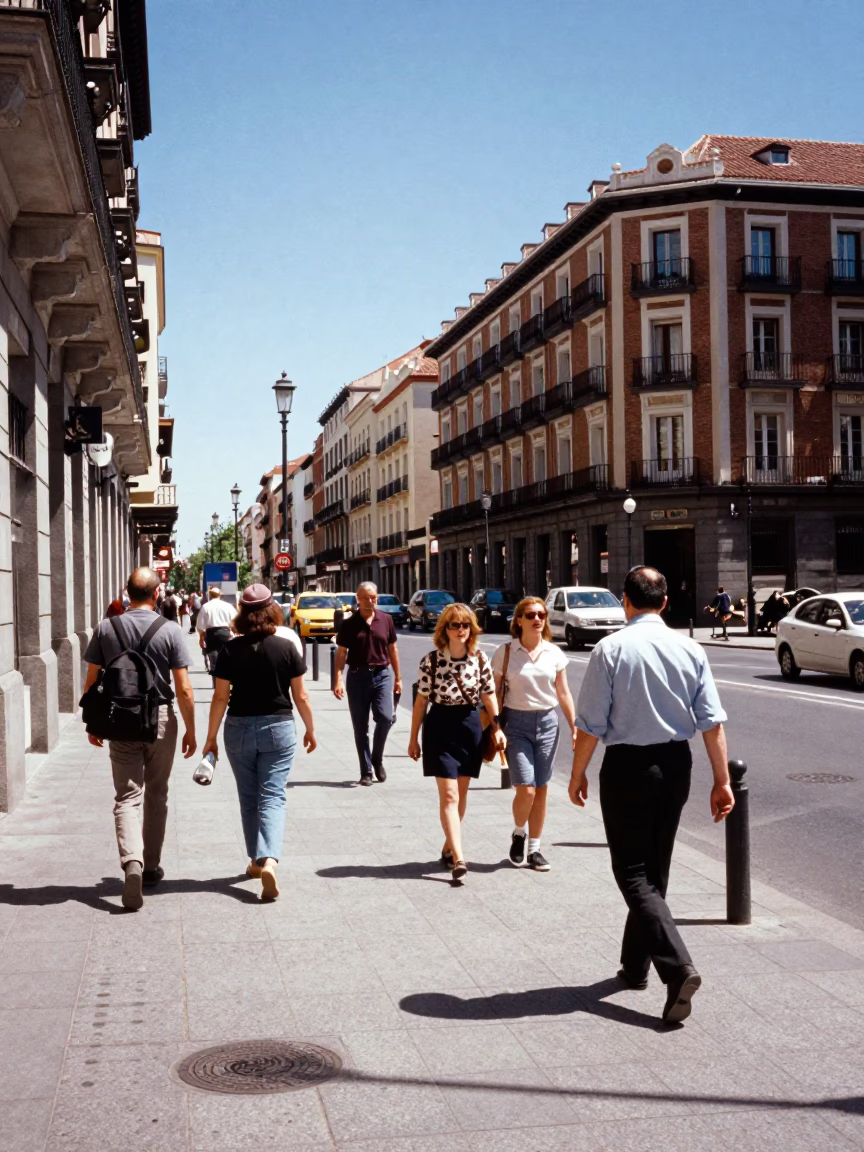Midday Madrid Street Scene with Blue Sky and Urban Architecture in in Madrid, Spain