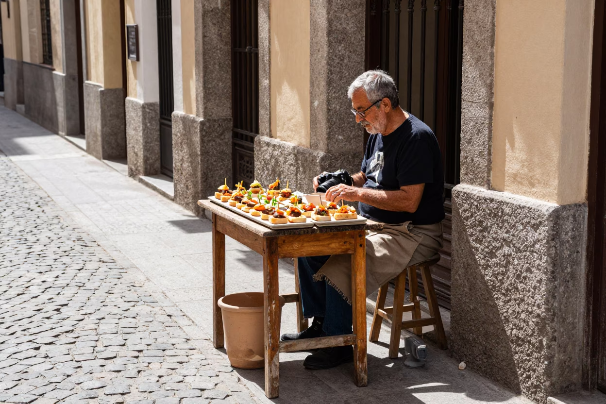 Midday Madrid Street Scene with Ceramicist and Spanish Pintxos in in Madrid, Spain