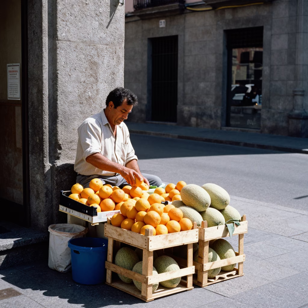 Midday Madrid Street Scene with Fruit Vendor and Local Interaction in in Madrid, Spain