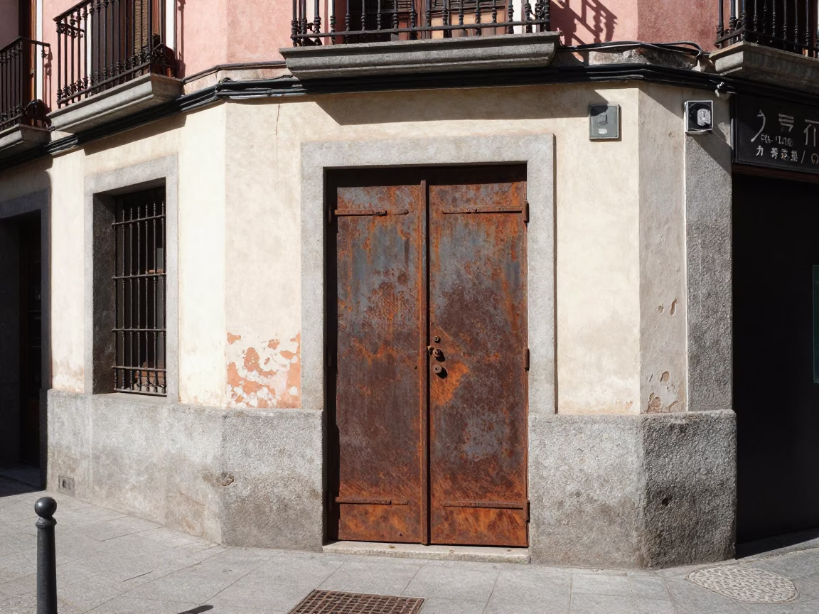 Midday Madrid Street Scene with Rusty Cabinet Door and Brush in in Madrid, Spain