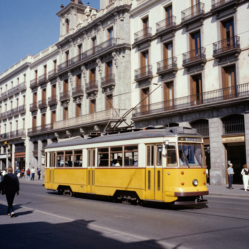 Midday Madrid Street Scene with Tram and Traditional Facades in in Madrid, Spain