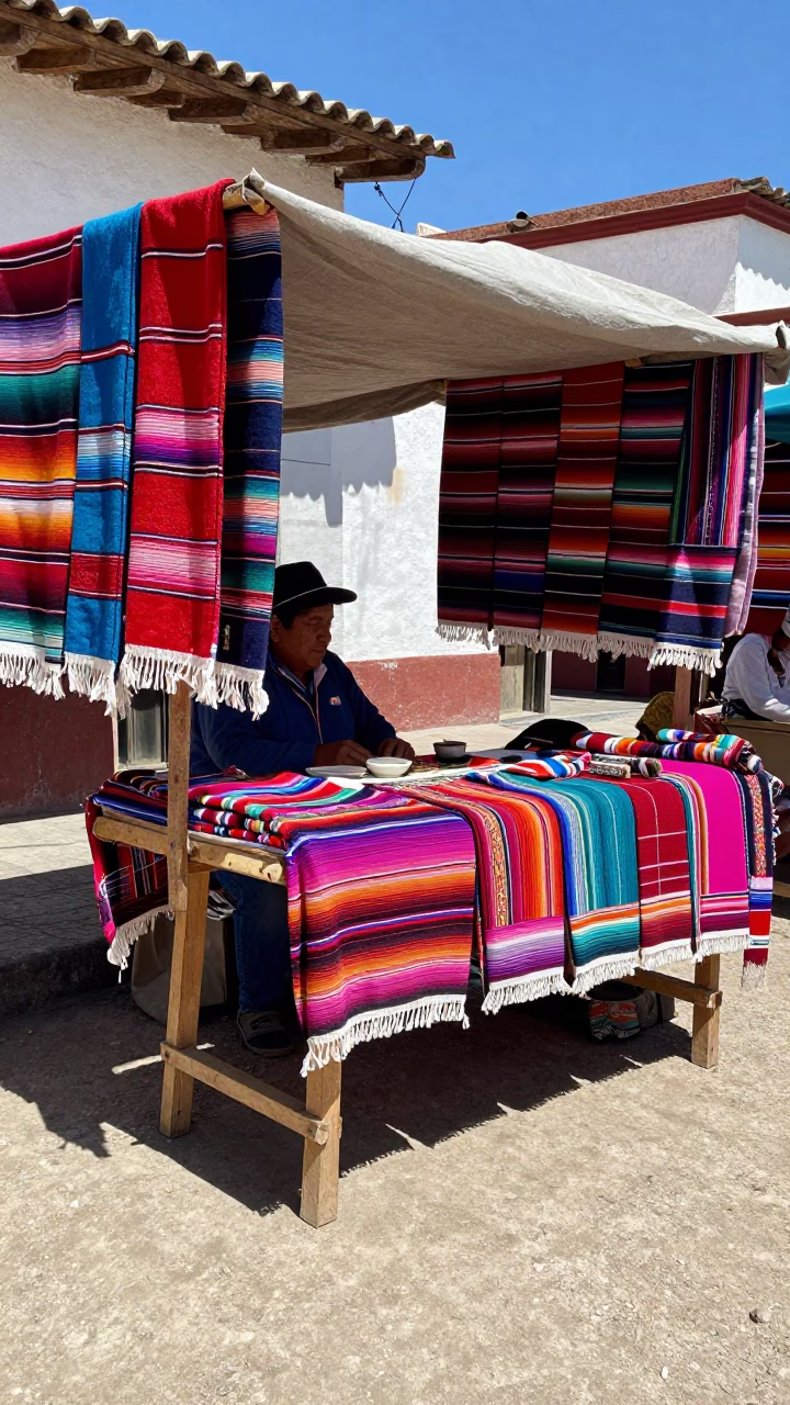 Midday Market Scene in Oaxaca Mexico with Colorful Textiles and Local Vendor in in Oaxaca, Mexico