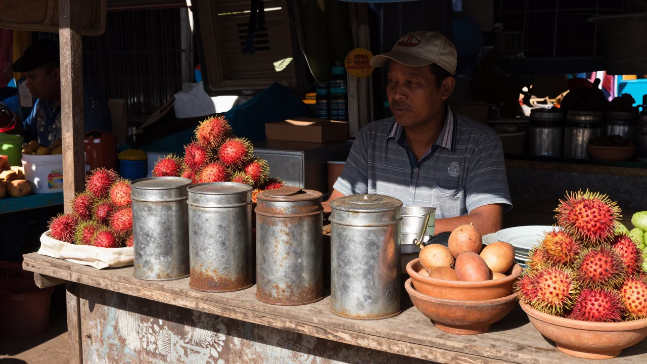 Midday Market Stall in Phnom Penh Cambodia with Fruit and Spice Tins in in Phnom Penh, Cambodia