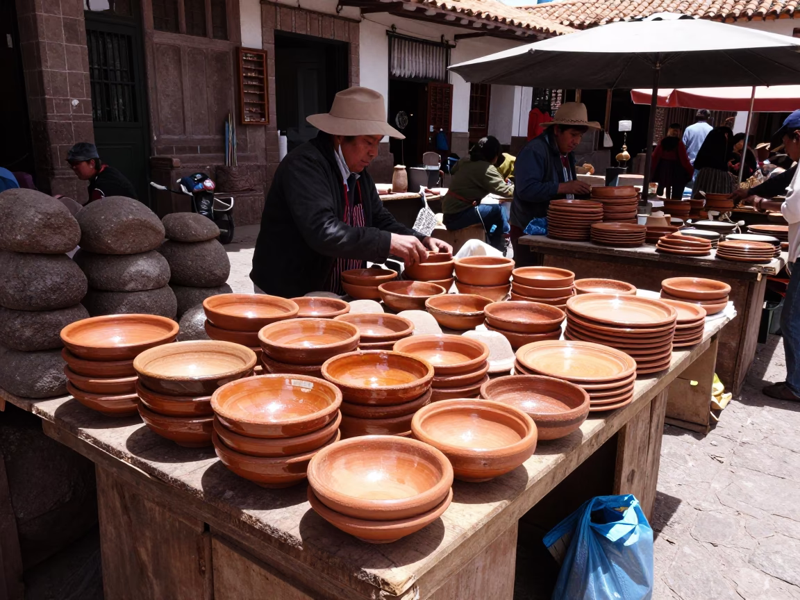 Midday Market Stall with Terracotta Bowls and Stone Walls in Cusco Peru in in Cusco, Peru